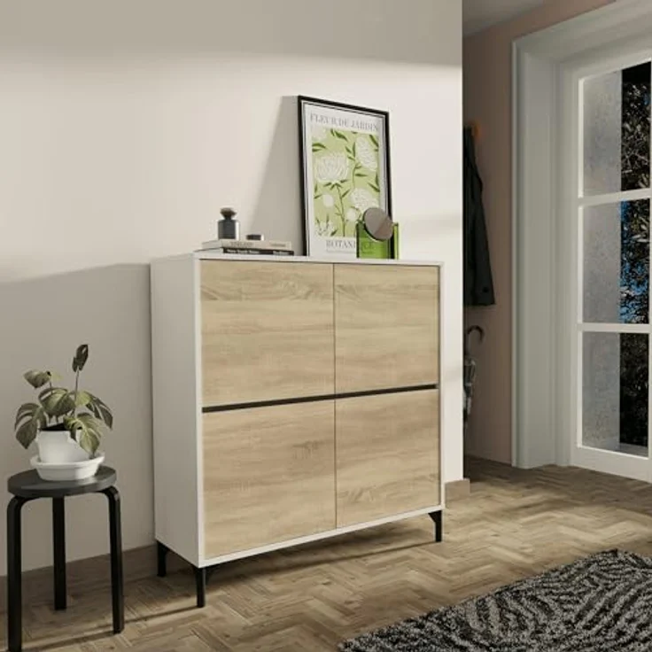 Muebles Pitarch | Eingangsschuhkipper mit Beinen, 4 Türen, Weiß und Eiche Cambrian, 20 Paar große Schuhe, 96,5x101x33 cm, Modern, Industrial, Modell Tokio – Bild 2