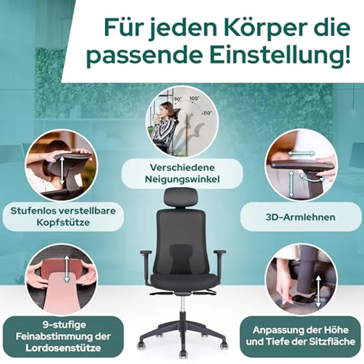 SCHEKKA ErgoPrime Pro Bürostuhl ergonomisch, TESTSIEGER IGR Zertifiziert, 100% individuell einstellbar, schwarz rot, für 150 kg – Bild 3