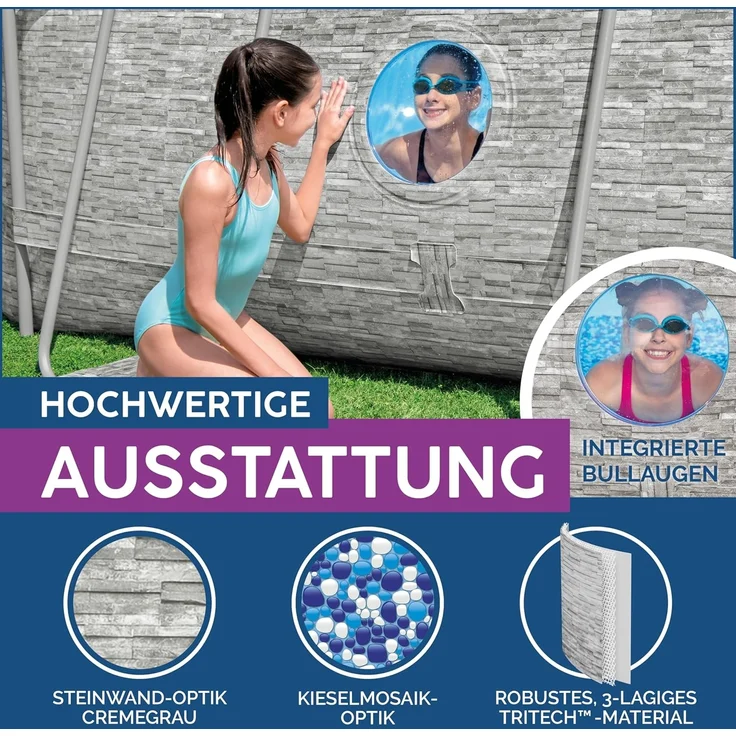Bestway Power Steel Swim Vista Series Frame Pool Komplett-Set mit Filterpumpe 427 x 250 x 100 cm, Steinwand-Optik (Cremegrau), oval – Bild 5