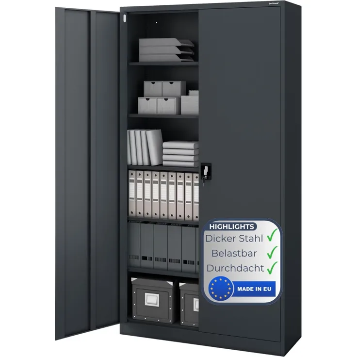 Aktenschrank abschließbar KADO - 6 Ebenen verstellbar, Flügeltüren | Metallschrank Werkstatt Mehrzweckschrank Büroschrank aus Stahl Werkzeugschrank, 220 x 115 x 40 cm Anthrazit