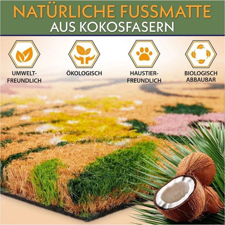 BRUBAKER Fußmatte Blumen und Pflanzen - 45x75 cm Schmutzfangmatte - Kokos Fußabtreter, Rechteckig, Höhe: 16 mm, Antirutsch Türmatte für Außen und Innen - Wetterfest und Rutschfest – Bild 3