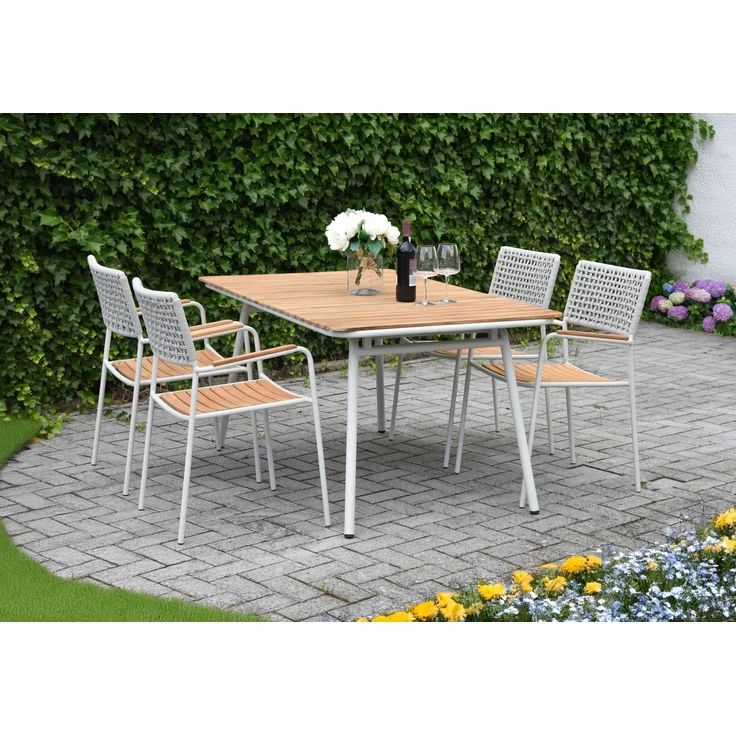 Garten-Sitzgruppe LOTTE 5-tlg. - Teak, Cremeweiß | Gartenmöbel-Set Gartengarnitur Garten-Essgruppe mit Stühlen und Esstisch – Bild 2