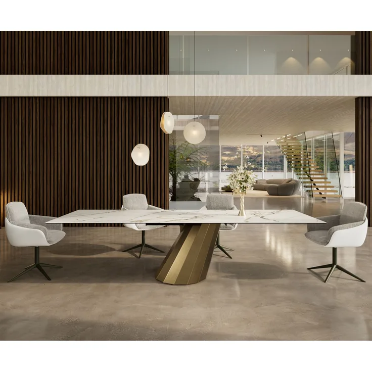 Esstisch Edge 300x100 Keramik Calacatta Luxe Weiß-Gold-Grau Parabel Metallic Gold