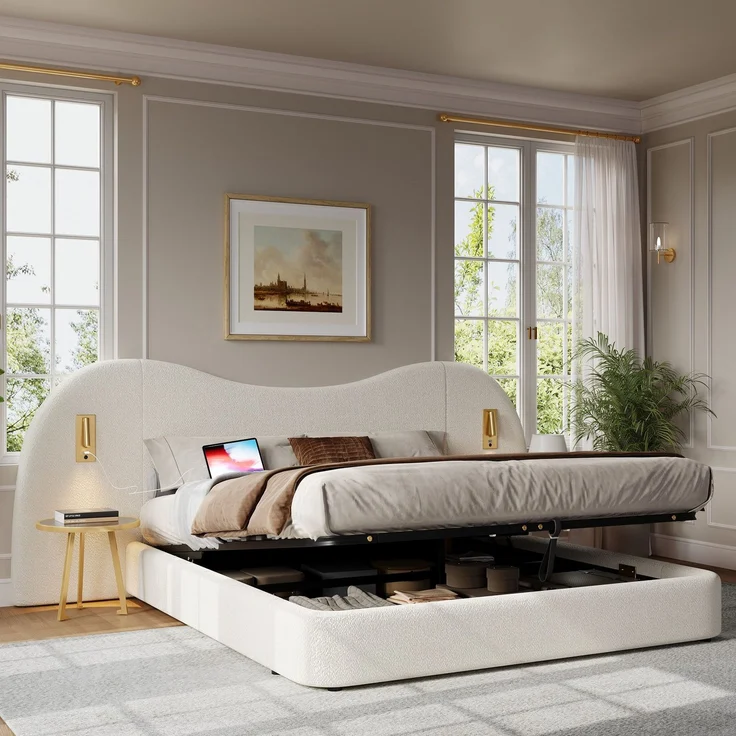 Polsterbett mit LED-Beleuchtung, extra breites Kopfteil mit Spots und USB Anschlüssen, 180x200 cm, gepolsterter Kopfteil, Doppelbett, Frottee – Bild 1