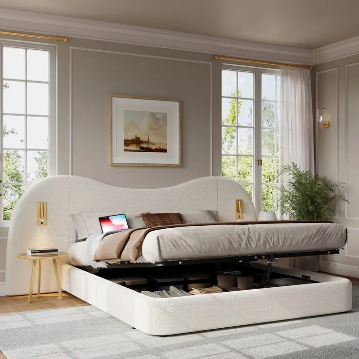 Polsterbett mit LED-Beleuchtung, extra breites Kopfteil mit Spots und USB Anschlüssen, 180x200 cm, gepolsterter Kopfteil, Doppelbett, Frottee