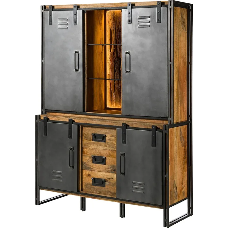 Buffet Mango / Altholz 150x55x200 natur / grau lackiert / Metall grau BLACKBURN LUX #406