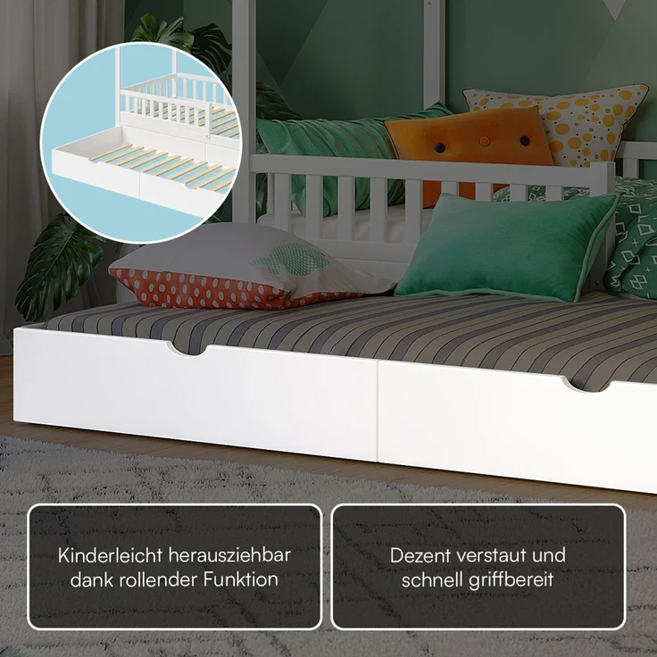 Bellabino 'Vils' Hausbett 90x200 cm mit Gästebett 90x190 cm, weiß, Kiefer Massivholz, Montessori Kinderbett mit Ausziehbett, inkl. Rausfallschutz und Lattenrost – Bild 7