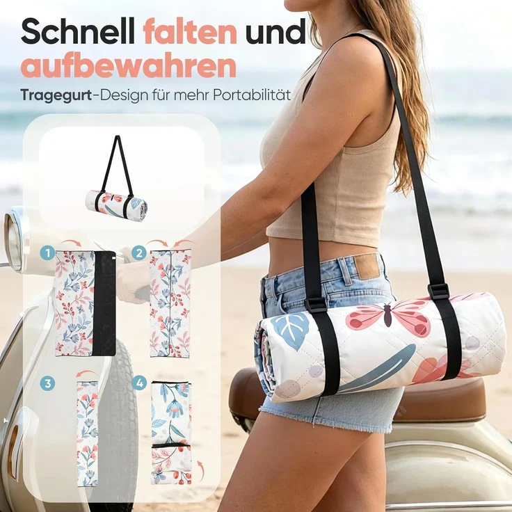 Sekey Picknickdecke Wasserdicht 200x200 cm Stranddecke Sandfrei geeignet für Picknick, Camping, Strand, Beige - Blumen & Falter – Bild 4