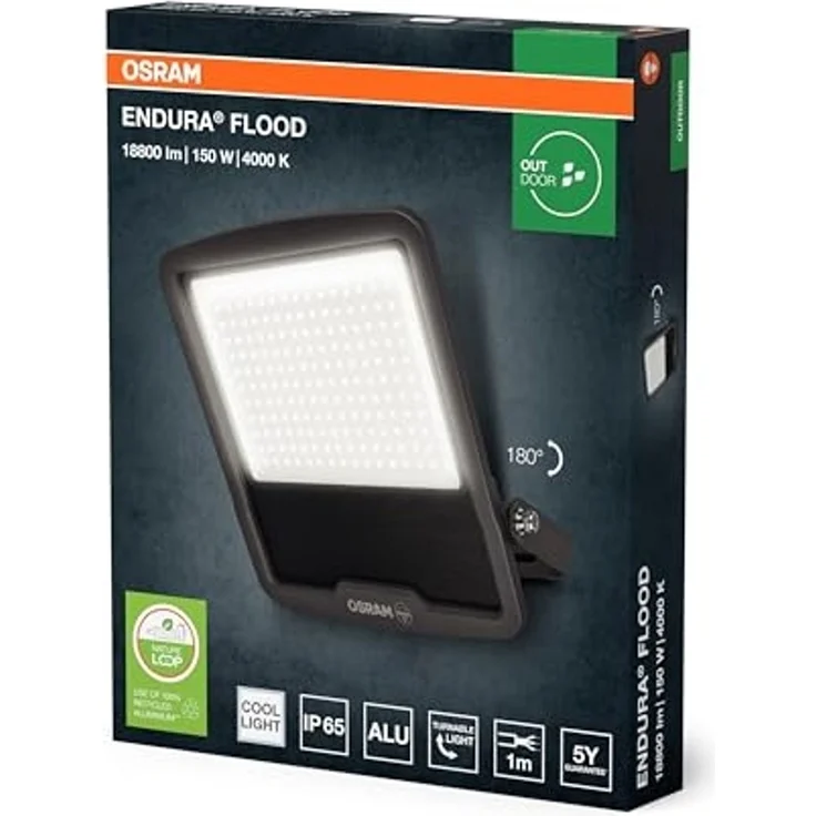 Osram ENDURA FLOOD PC 150W LED-Fluter, 4000K kaltweiß, 18000 Lumen, IP65 Flutlicht für Großflächen, 120 lm/W, Aluminium recycelt, Grau – Bild 2