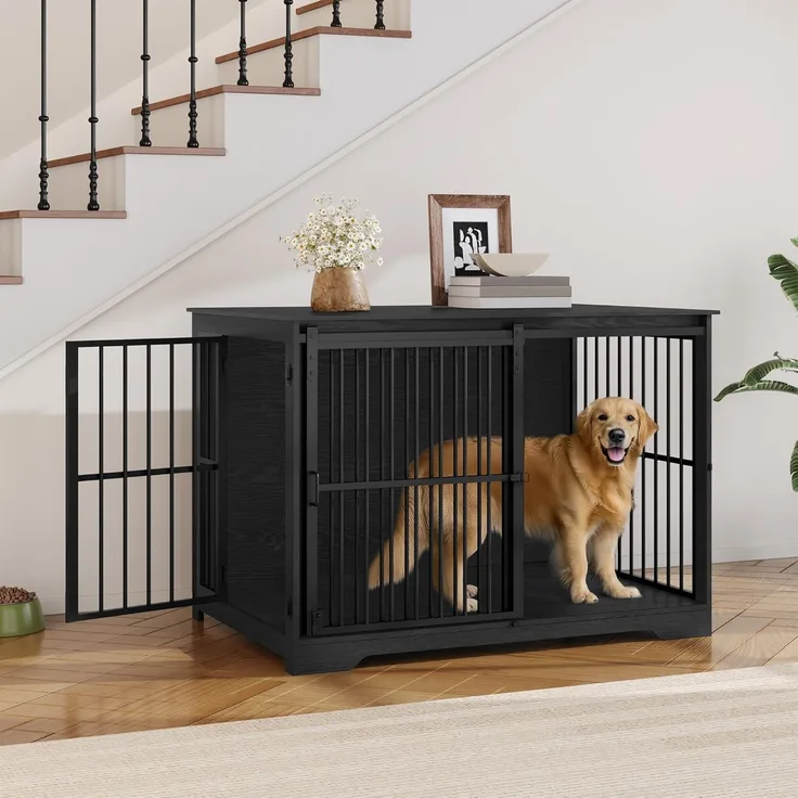 Hundekäfig Möbel, 110cm Hundebox, 2 Türen, Moderne Hundekäfig Indoor für kleine/mittlere/große Hunde, Beistelltisch, Verstärkte Schiebetür, 110 × 65 × 81 cm, Schwarz
