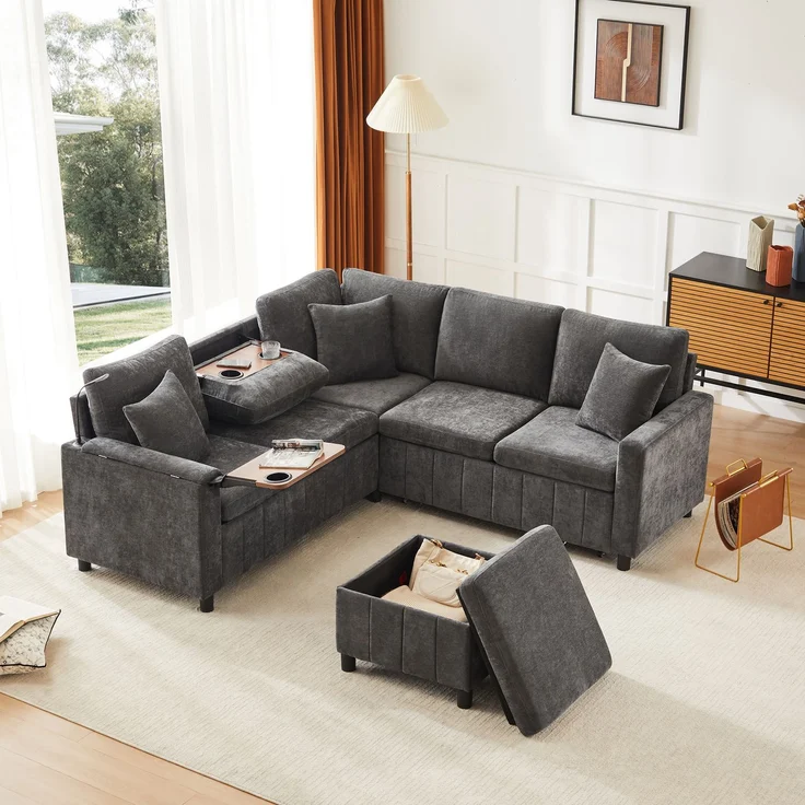 Merax Chenille-Ecksofa, 205cm L-förmiges Sofa mit Schlaffunktion, Ausziehsofa mit Hocker, Leselampe, USB&Type-C, Ausgestattet mit verstecktem Tisch, Ausklappbarer Couchtisch mit zwei Getränkehaltern, Grau – Bild 5