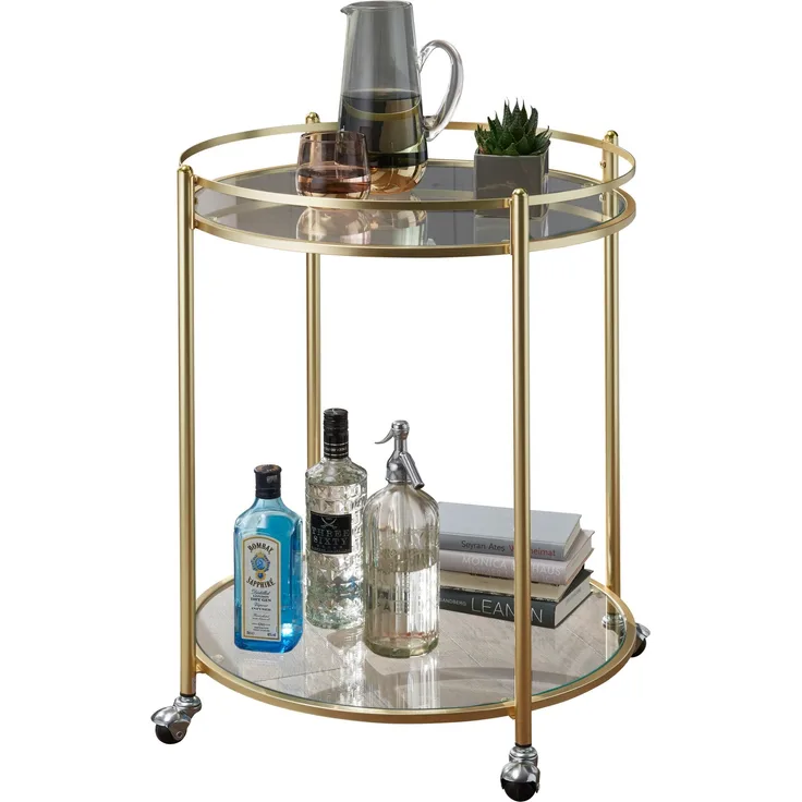Wohnling Design Servierwagen JAMIE Gold Ø 57 cm Beistelltisch | Teewagen Metall mit Rollen | Küchenwagen mit Glasplatten | Barwagen rund 75 cm hoch | Küchentrolley modern | Rollwagen