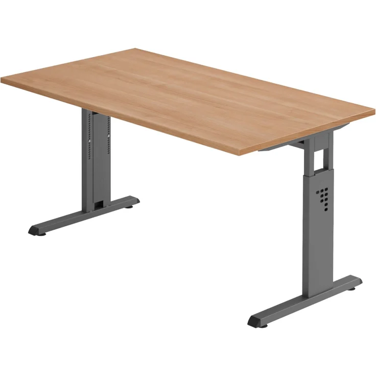 bümö höhenverstellbarer Schreibtisch O-Serie 140x80 cm in Nussbaum, Gestell in Graphit - PC Tisch für's Büro manuell höhenverstellbar, Computertisch verstellbar, OS-14-N-G – Bild 1