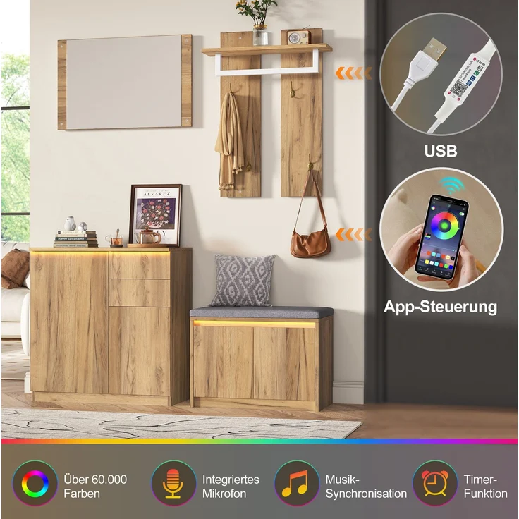Garderoben-Set mit Spiegel, Schuhschrank und Sitzbank, 130x35x124,5 cm, Natur – Bild 7