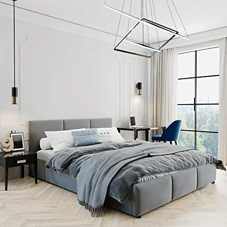 Jana Polsterbett 160x200 cm, Grau, elegantes Metallbett mit weichem Veloursbezug und gefedertem Lattenrost