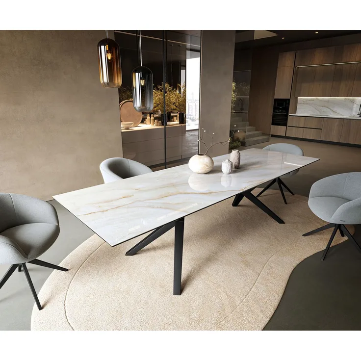 Esstisch Edge 300x100 cm Keramik Onyx Pearl Zenthara kantig Metall Schwarz