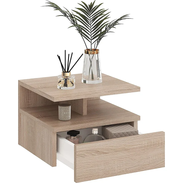KOMTO Nachttisch Hängend mit Ablage, Wandregal mit Schublade | Nachttisch Sonoma Eiche, Nachtschrank Hängend, 35,4 × 32,2 × 24,6 cm