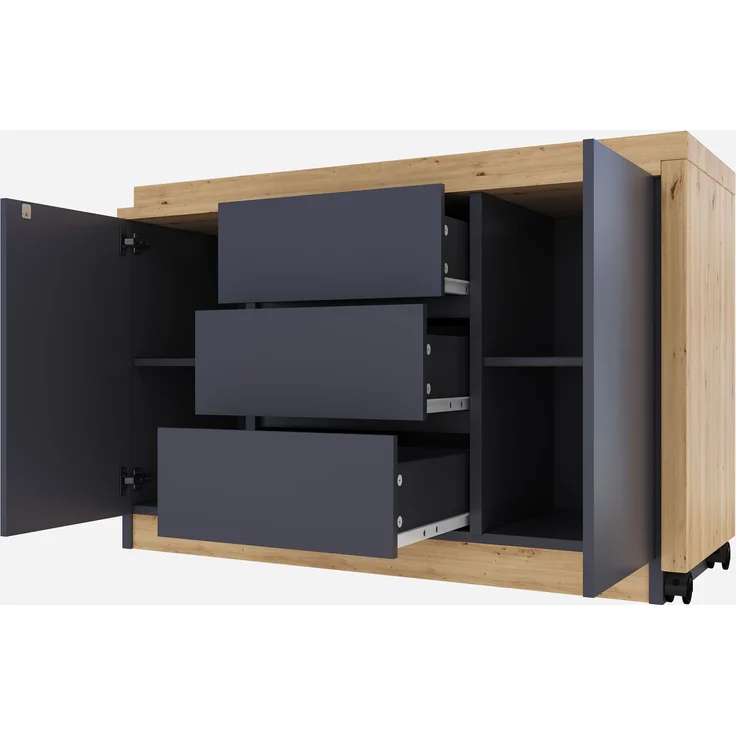 Schreibtisch 120 x 50 x 76,5 cm, 360° dreh- und klappbar, 3 Schubladen, 2 Türen, 4 cm Tischplatte, 2 feststellbare Rollen, Spanplatte, Grau/Eiche – Bild 7