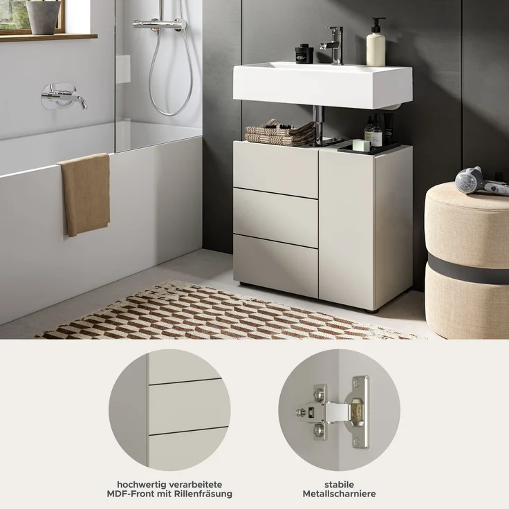 Waschbeckenunterschrank (B/H/T: 60x56x34 cm) in Kaschmir Nachbildung und schwarz – Bild 6