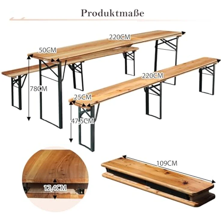 Ball & Cast Bierzeltgarnitur 3-teilig, Biertisch Klapptisch mit 2 Sitzbänken, Camping Tisch faltbar, Wetterfester Kiefer Massiv, Natur, 220 cm – Bild 10