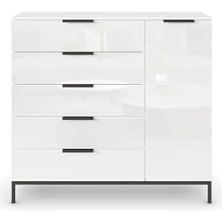 Rauch Möbel Flipp, Kommode mit Stauraum für Wohnzimmer, Schlafzimmer, 2 Fachböden, mit Metallkufe graphit, Alpinweiß/Glasfront Weiß, 1-türig, 5 Schubkästen, Griffe graphit, 120 x 111 x 42 cm – Bild 5