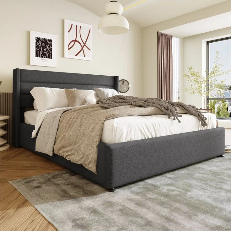 Odikalo Stauraumbett Polster Doppelbett 140/160/180 Lattenrost mit/ohne Matratze Beige/Grau – Bild 2