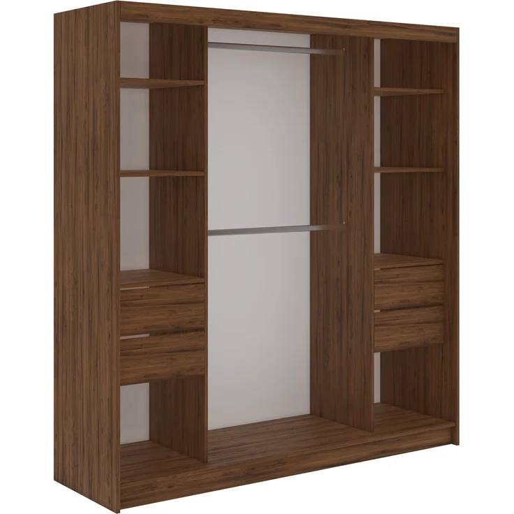 Schwebetürenschrank NAURU mit Lamellen-Optik, moderner Kleiderschrank, Breite 200 cm, inkl. Innenausstattung & Stauraum, Akustikpaneel-Design - Warmia-Nuss und Schwarz - mit Schubladen – Bild 4