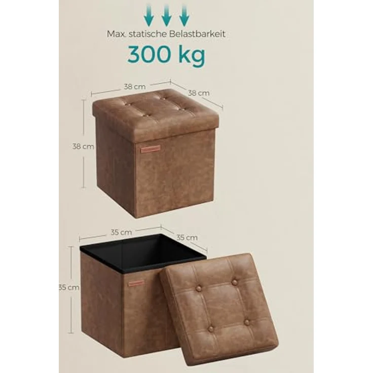 Songmics Sitzhocker 38 cm, Aufbewahrungsbox faltbar, Fußhocker mit Deckel, aus Kunstleder, bis 300 kg belastbar, für Eingang, Wohnzimmer, Schlafzimmer, kaffeebraun LSF030K11 – Bild 4