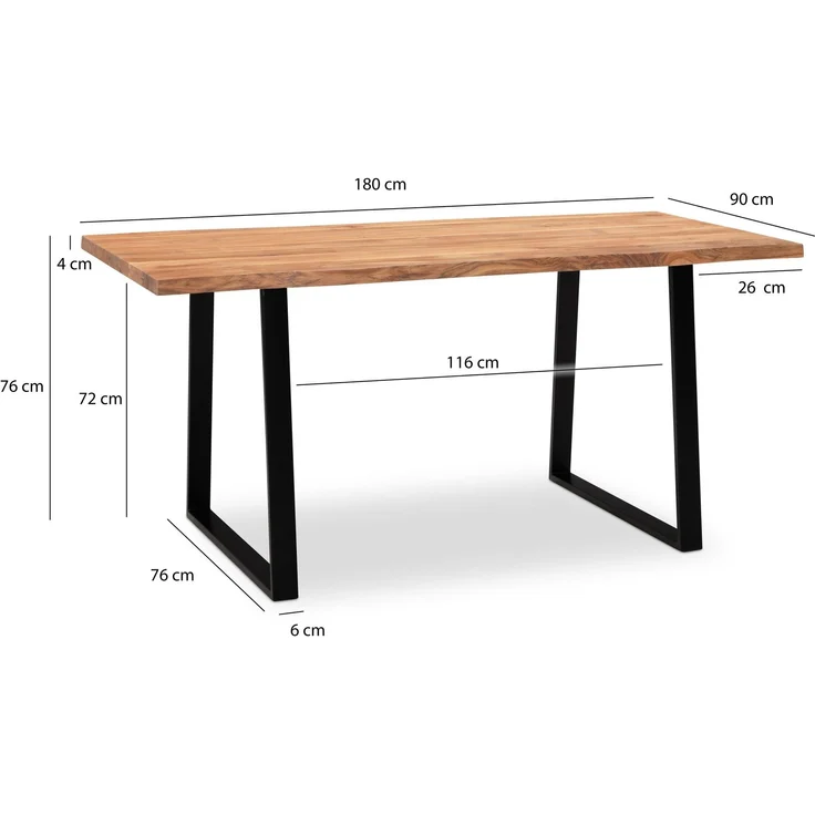 Esszimmertisch 180x90x76cm Akazie Massivholz Metall Baumkante Trapezbeine Schwarz – Bild 6