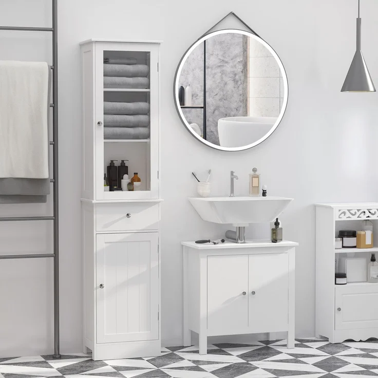Platzsparende mobile Badezimmersäule mit Schrank, Schublade und Einlegeböden aus MDF, 40 x 27 x 171,5 cm, Weiß – Bild 4