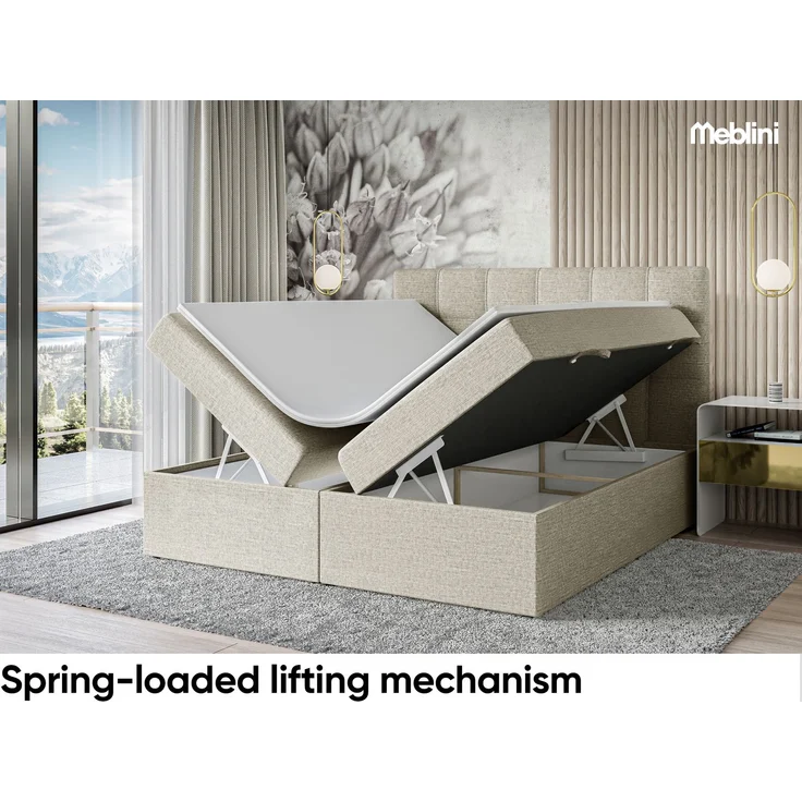 MEBLINI Boxspringbett NILS 140x200cm - H3/Beige Webstoff - mit Bettkasten - Polsterbett - Doppelbett mit Topper & Bonellfederkern-Matratze – Bild 3