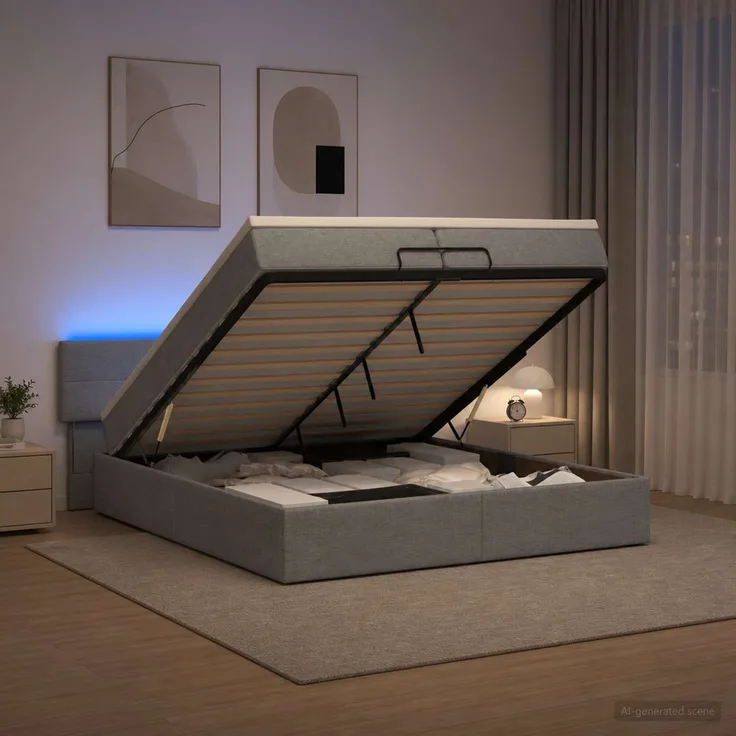 vidaXL Ottoman-Bett mit Matratze und LED Hellgrau 200 x 200 cm Stoff 3456933