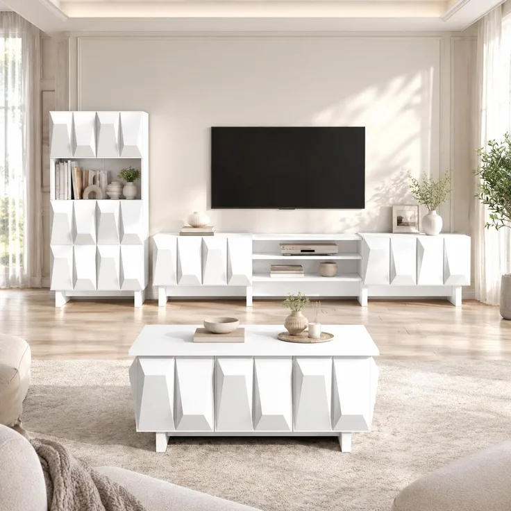 Wohnzimmermöbel-Set 3-teilig, Weiß, 3D-Front mit TV-Lowboard, Vitrine und Couchtisch,44.5x180x34 cm