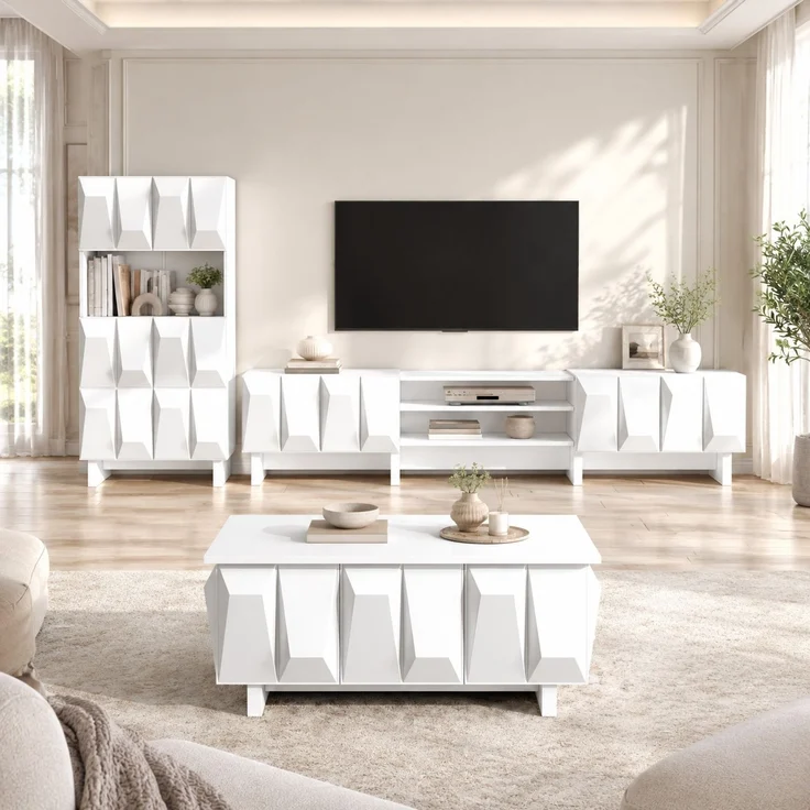 Wohnzimmermöbel-Set 3-teilig, Weiß, 3D-Front mit TV-Lowboard, Vitrine und Couchtisch,44.5x180x34 cm – Bild 1
