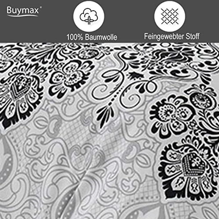 Buymax Bettwäsche Wendebettwäsche, Bettbezug-Set, Renforcé 100% Baumwolle, 2 teilig, 155x220 cm, elegant, mit Reißverschluss, Barock, Weiß, Grau – Bild 4