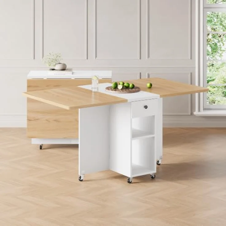 Jocoevol Platzsparender klappbarer Esstisch für 4 Personen, Klappbarer Esstisch mit Schublade und Ablagefach,Küchen und Esszimmertisch mit Rollen und Ausklappbarer Tischplatte für Kleine Räume-Weiß – Bild 9