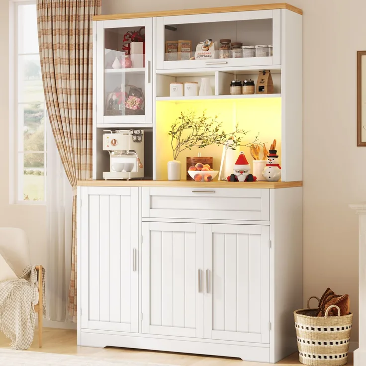 Merax 180cm Küchenschrank, Hochschrank / Vitrine mit LED-Beleuchtung, 104x40x180 cm, weiß