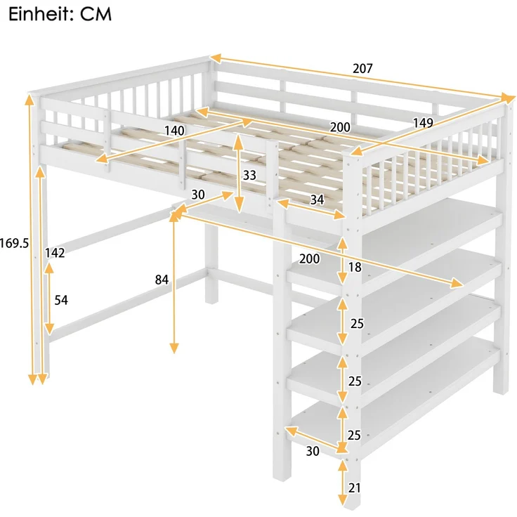 Hochbett 140x200 cm Kinderhochbett mit Schreibtisch, Ablagefächern, Kiefernholz + MDF, weiß, sichere Leiter – Bild 5