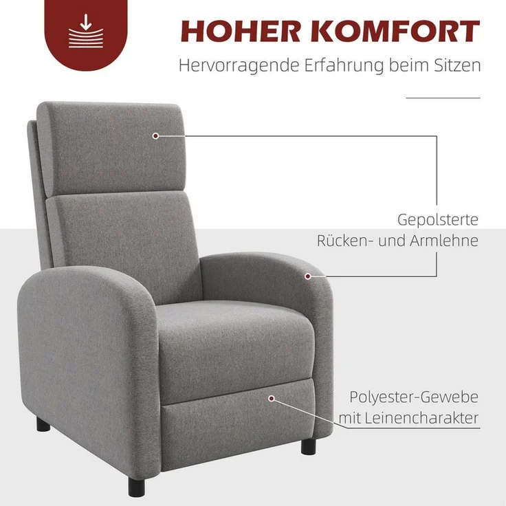 HOMCOM Relaxsessel Fernsehsessel mit Liegefunktion (TV-Sessel, 1-St, Liegesessel), bis 120 kg Belastbar, für Wohnzimmer, Grau – Bild 4