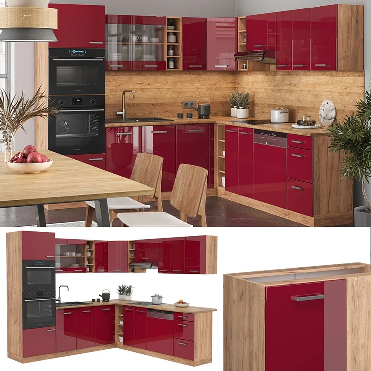 Eckküche R-Line Rot Hochglanz/Goldkraft Eiche 247 x 46 cm ohne Arbeitsplatte Vicco – Bild 2