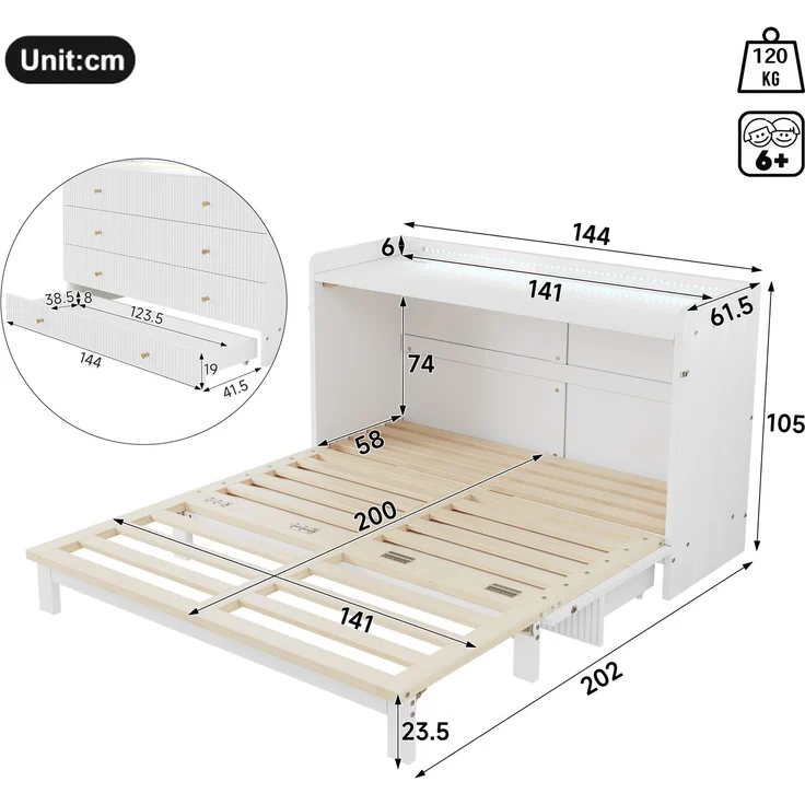 Kinderbett 140x200 cm in Weiß mit Hochglanz-Oberfläche, LED-Lichtleiste, USB-Anschluss und Schubladen – Bild 4