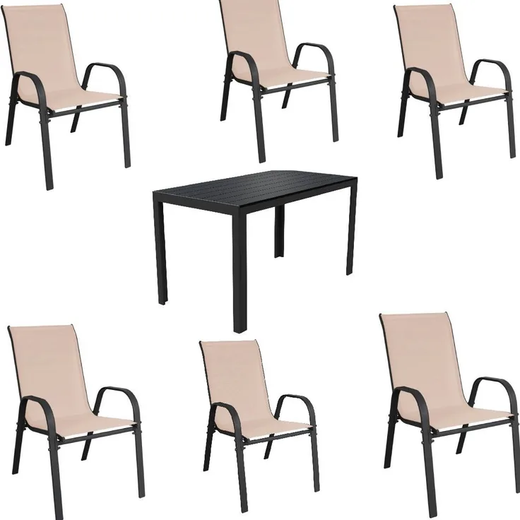 Gartenmöbel Set 7 tlg Gartenset Sitzgruppe Stapelstuhl Gartentisch beige