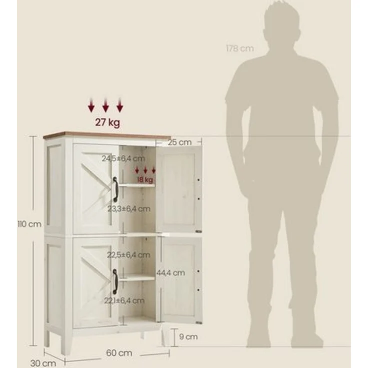 VASAGLE LIRY Kollektion - Aufbewahrungsschrank im Landhausstil, Badschrank mit Türen, freistehender Küchenschrank, verstellbare Ablagen, Esszimmer, Wohnzimmer – Bild 5