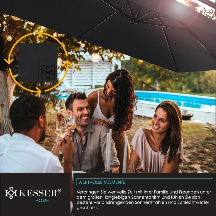 KESSER® 'Holly' Ampelschirm ohne LED Solar, inkl. Ständer, Abdeckung & Windsicherung mit Kurbel, Aluminium schwarz, Ø 350 cm – Bild 6