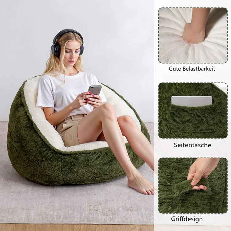 Insma Sitzsack Beanbag Sessel mit Kissen Loungesessel Bodensofa, mit Seitentasche für Wohnzimmer & Schlafzimmer 75x60x60cm – Bild 3