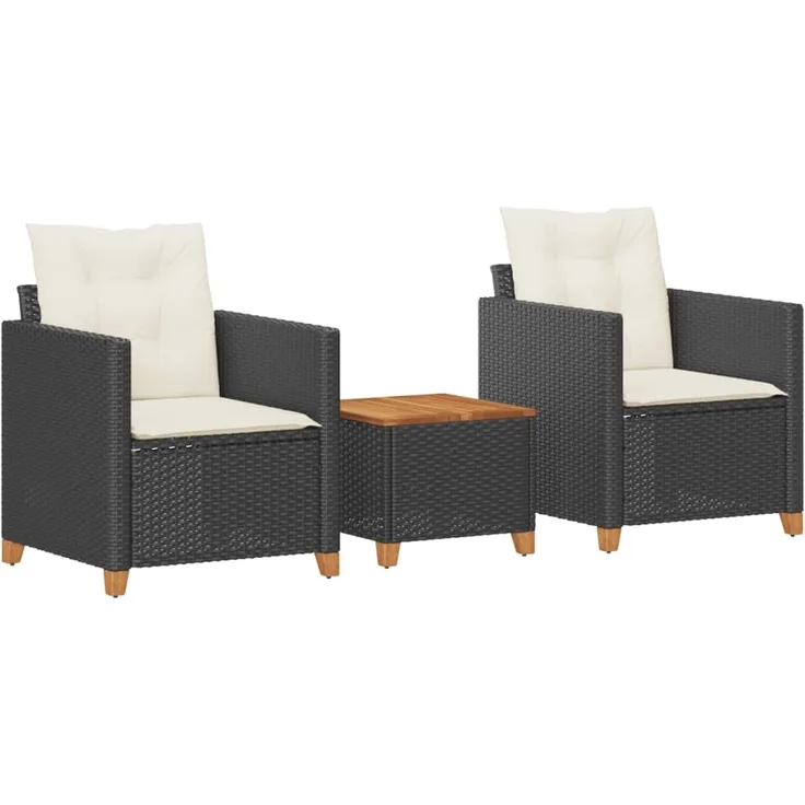 vidaXL 3-tlg. Bistro-Set mit Kissen Schwarz Poly Rattan Akazienholz 366309