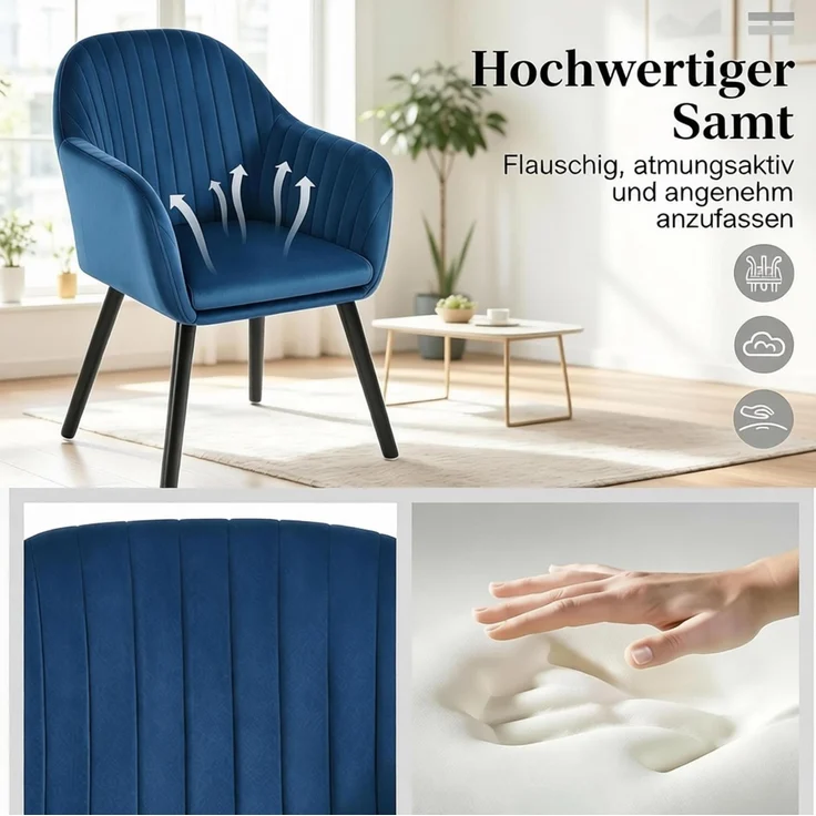 Esszimmerstuhl 2er-Set 42cm×50cm×81cm mit Armlehnen, Samtbezug und Massivholzbeinen – Bild 5