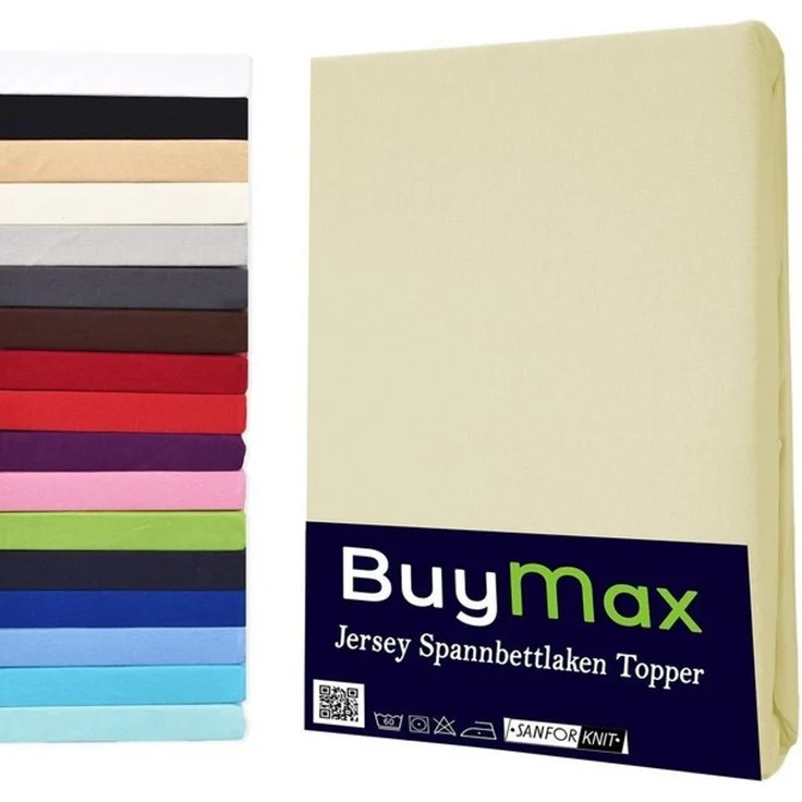 Buymax® Topper Spannbettlaken 160x200 cm Spannbetttuch 100% Baumwolle Jersey für Matratzentopper bis 12 cm Matratzenhöhe Bettlaken für Topper, Beige – Bild 4