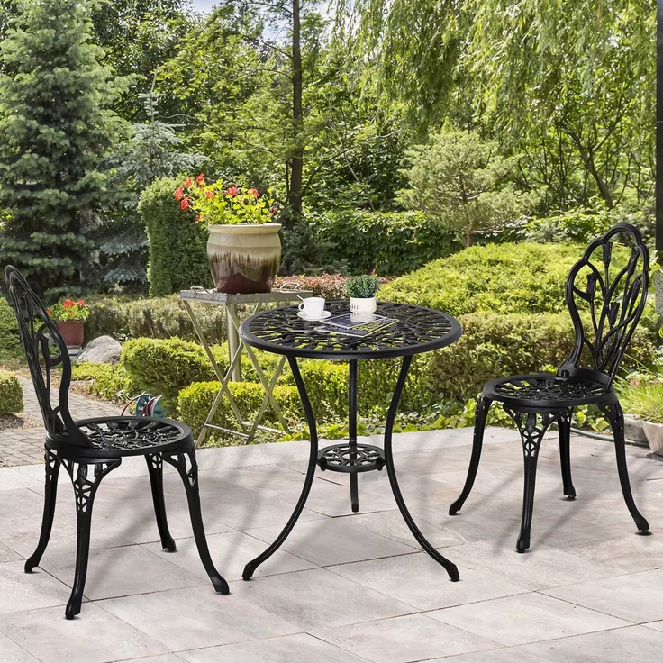 Garten-Bistroset aus Aluminium, 3-teilig mit Schirmloch, Tisch Ø60x67 cm, Schwarz