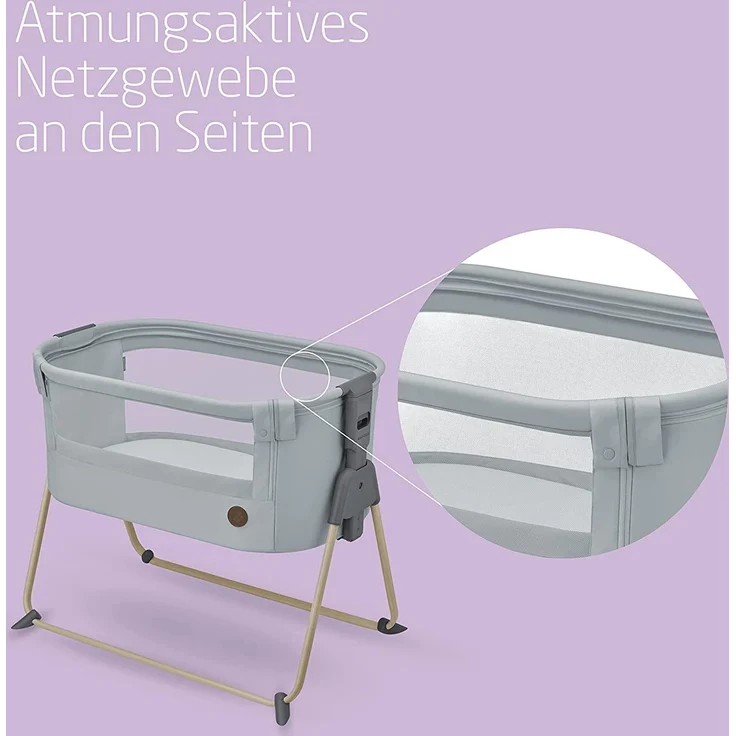 Maxi-Cosi Tori 2-in-1-Beistellbett, Krippe, kompakt zusammenklappbar, leicht, 5 Höhenstufen, tragbares Beistellbett mit atmungsaktivem Netzgewebe, 0 bis ca. 6 Monate, 0–9 kg, Beyond Grey – Bild 4